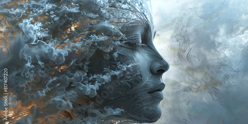 Human face as a concept of Emotional intelligence 3D rendering of a female face in the clouds. Conceptual image.