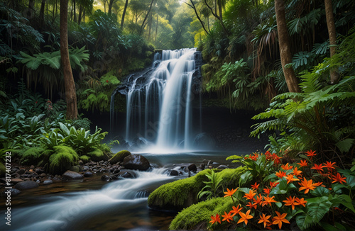 Colorful forest  green forest  waterfall  mushroom forest  colorful smoke in the forest.