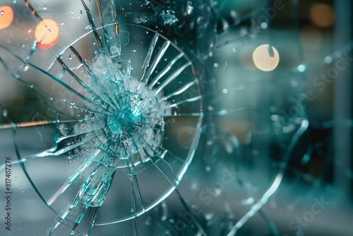 Close up of office window pane with shattered glass   vandalism or accident concept photo