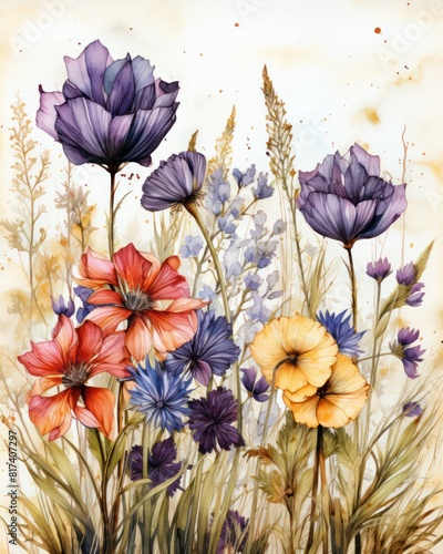  Delicate and detailed watercolor painting of a vibrant bouquet of wildflowers of various colors and types.