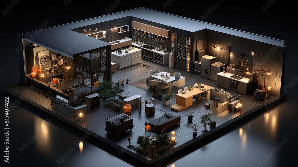 Kitchen background flat design top view hightech smart home theme 3D render black and white Kitchen background flat design top view hightech smart home theme 3D render black and white