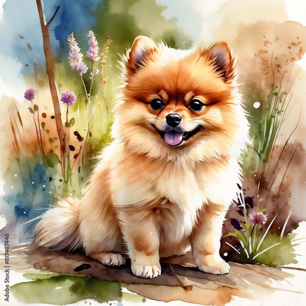 Pomeranian Puppy with watercolor splashes isolated on a white background. Pet portrait illustration.with copy space Pomeranian Puppy with watercolor splashes isolated on a white background. Pet portrait illustration.with copy space