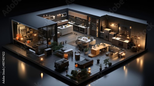 Kitchen background flat design top view hightech smart home theme 3D render black and white