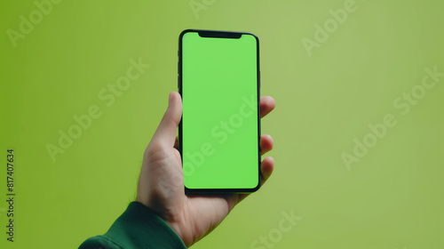 Man hand holding smartphone with blank green screen on green background. Mockup cell phone screen