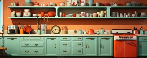 Kitchen background flat design front view eclectic collector theme animation Splitcomplementary color scheme © NeeArtwork