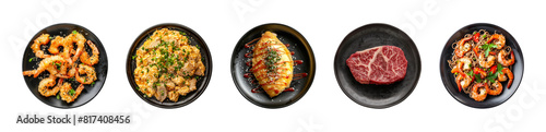 Set of plates with Japanese dishes isolated on transparent background. Tempura, oyakodon, omurice, wagyu steak, soba with shrimp and vegetables. Asian food clip art. Design elements for menu, banner photo