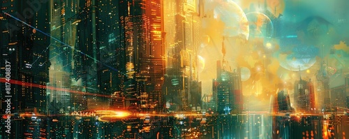 Futuristic cityscape with elements of traditional architecture. The skyline features towering skyscrapers with neon lights  blending modern and classic styles under a hazy  vibrant night sky.