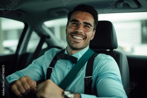Young happy man fastening his seatbelt before a trip by car. Young happy businessman fastening seatbelt before his trip by car and looking at camera © alisaaa