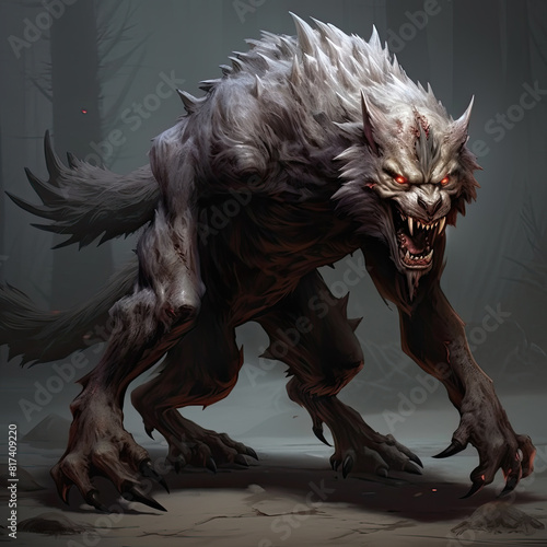 Werewolf with glowing red eyes stands in dark forest. Mossy trees surround it.