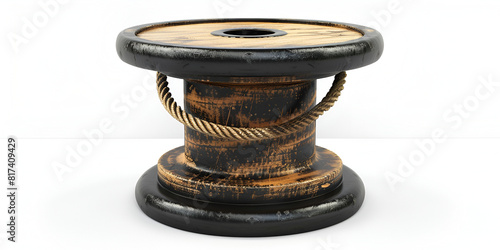 A large wooden reel with a cargo of steel rope. Isolated on white background. reel made of wood at a construction site. a black, long cable is wound on the coil to create communications. 