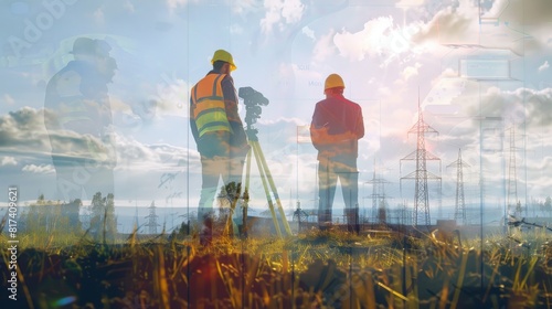 Dual expertise: double exposure of a surveyor and civil engineer, highlighting complementary skills in land assessment. photo