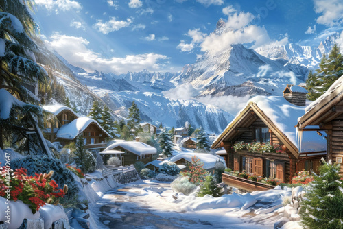 An enchanting alpine village nestled amidst snow-covered peak, with wooden chalets. © grey