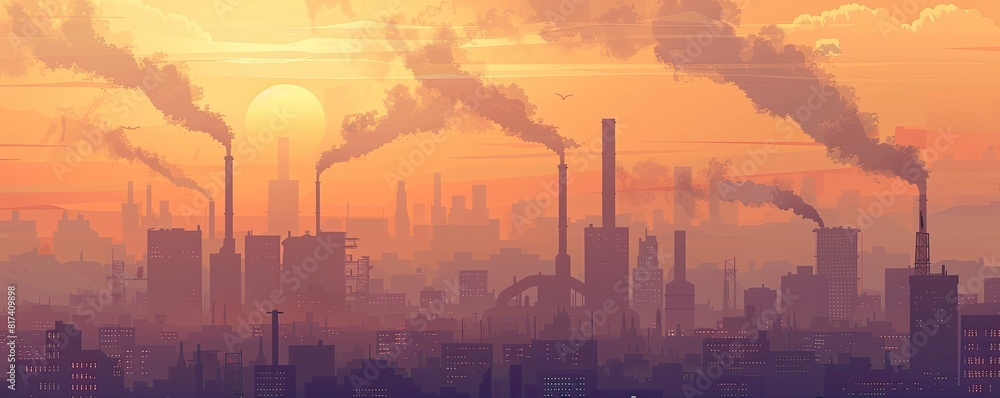 Illustration of a city with smog and pollution from factories. The hazy skyline is dominated by industrial smokestacks emitting thick plumes of smoke, creating a stark, orange-tinted atmosphere.