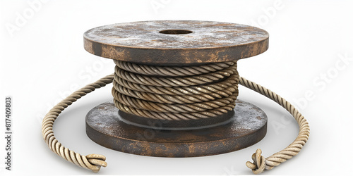 Braided natural jute rope wrapped on the reel isolated on white background rope on a black stand isolated on a white background. 