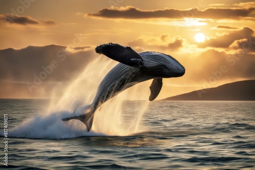 'breaching whale humpback mammal marin ocean splash explosion breach water blue spray power turning pirouette leap jump joy play bow fly coil spiral corkscrew take off muscle force thews vigour' photo