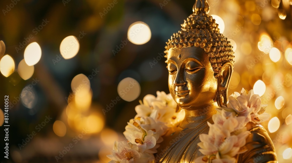 Enlightened reverence: a golden Buddha figure aglow with reverence on Vesak, adorned with floral garlands. Enlightened reverence: a golden Buddha figure aglow with reverence on Vesak, adorned with floral garlands.