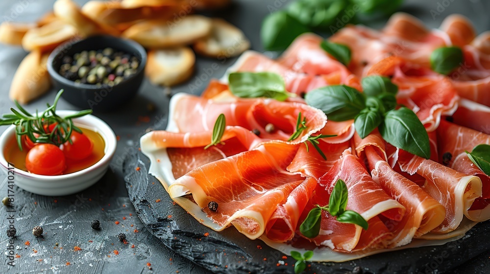 Slices of prosciutto di parma or jamon serrano (iberico) on a black plate on a dark slate