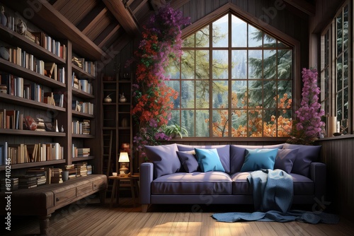 Library background flat design side view rustic cozy reading nook theme 3D render vivid © NeeArtwork