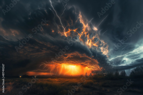 intense lighting storm, big clouds, ground strikes photo