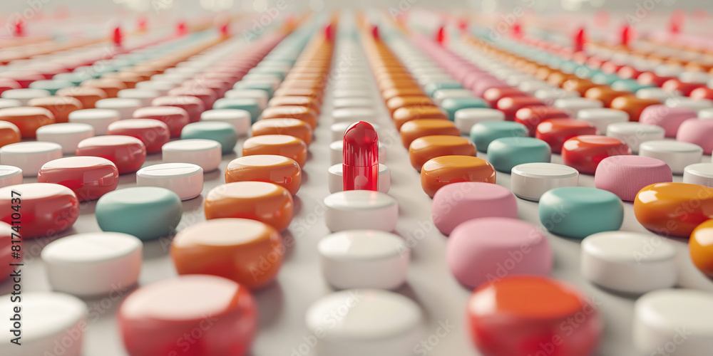 Fototapeta premium Bold Red Adderall: A neat and tidy desk, perfectly organized with rows of colorful pills.