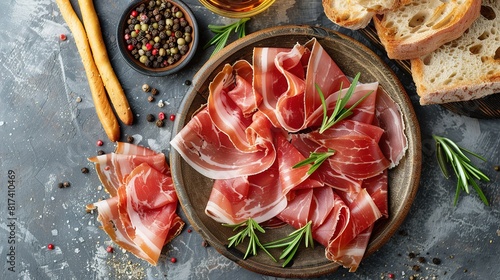 Slices of prosciutto di parma or jamon serrano (iberico) on a black plate