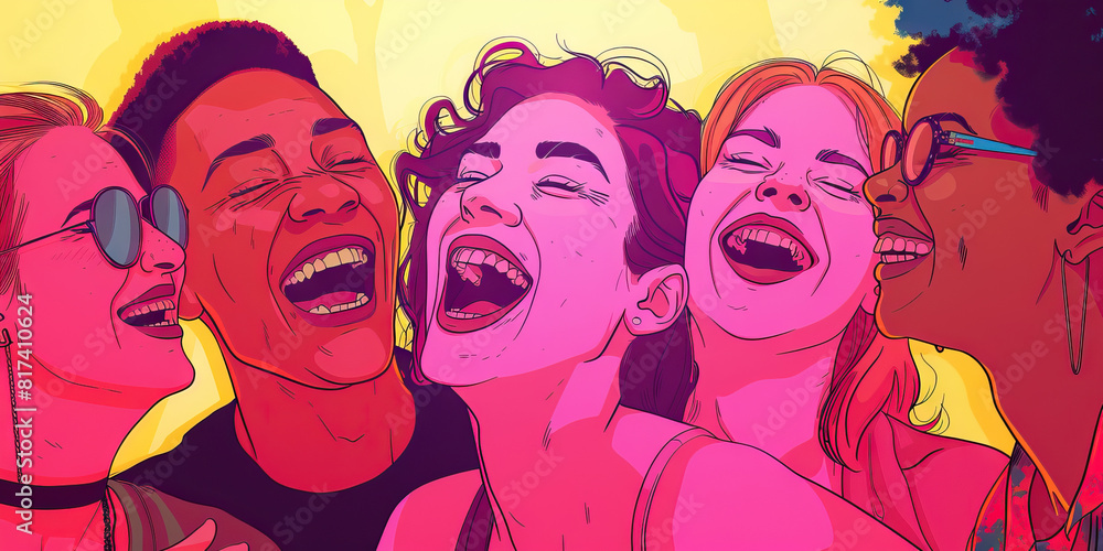 Obraz premium Soft Pink MDMA: A group of friends laugh and dance together, lost in the euphoria of the moment