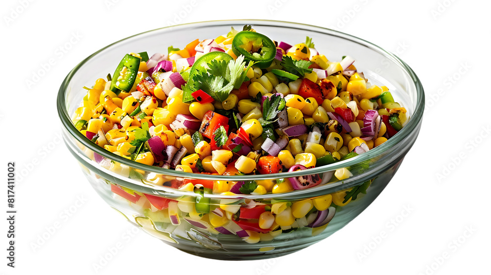 Spicy street corn salad in a glass bowl, with charred corn kernels, diced red onion, bell pepper, transparent background Spicy street corn salad in a glass bowl, with charred corn kernels, diced red onion, bell pepper, transparent background