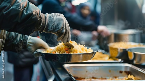 volunteer hand serving meal to homeless people in shelter charity and food donation concept