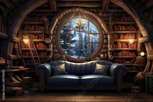 Library background flat design side view rustic cozy reading nook theme 3D render vivid