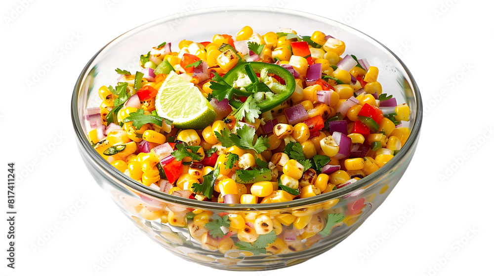 Spicy street corn salad in a glass bowl, with charred corn kernels, diced red onion, bell pepper, transparent background Spicy street corn salad in a glass bowl, with charred corn kernels, diced red onion, bell pepper, transparent background