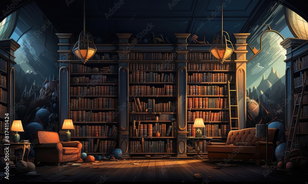 Library background flat design side view luxurious manuscript archive ...