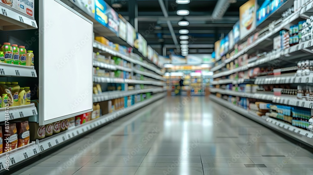 white product advertisement board mockup in supermarket aisle generated by ai white product advertisement board mockup in supermarket aisle generated by ai