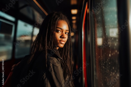 young woman entering bus