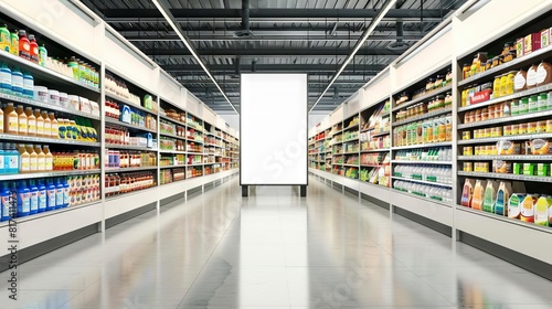white product advertisement board mockup in supermarket aisle generated by ai © furyon