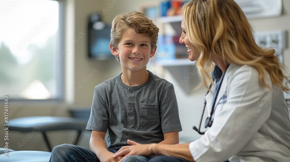 Obraz premium Physical therapist doing balance test medical exam with a boy