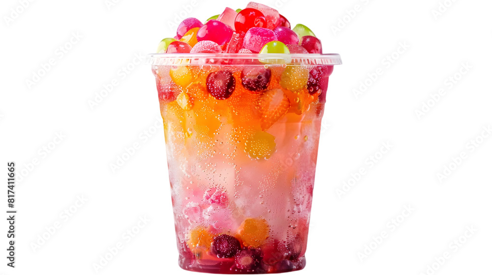 Strawberry bubble tea with ice cubes, colorful strawberry jellies, and tapioca pearls in a clear plastic cup, transparent background Strawberry bubble tea with ice cubes, colorful strawberry jellies, and tapioca pearls in a clear plastic cup, transparent background
