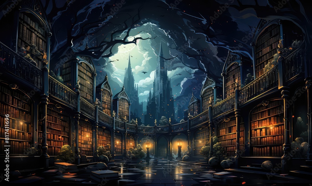 Obraz premium Library background flat design side view luxurious manuscript archive theme animation Tetradic color scheme