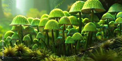 Vibrant Green Mushrooms: Intricately designed mushrooms of various hues grow in a lush, forested environment.