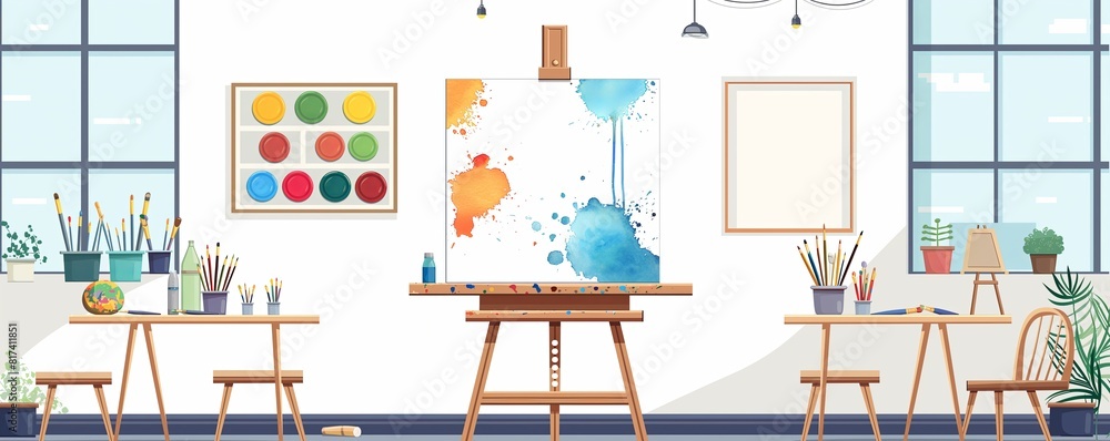 The photo shows a colorful and inspiring art studio The photo shows a colorful and inspiring art studio