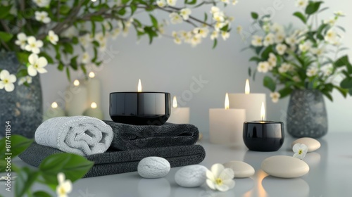 zen spa composition with aromatherapy candles towels and flowers on white background 3d illustration