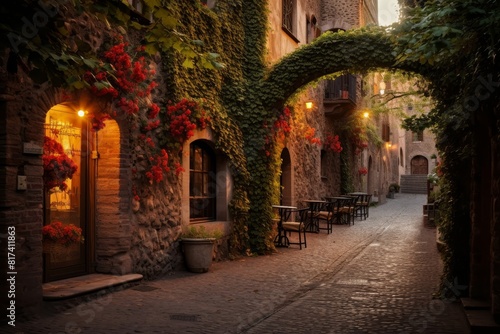 Early Morning in a Charming European Alleyway with Cobblestone Streets and Ivy-Clad Buildings