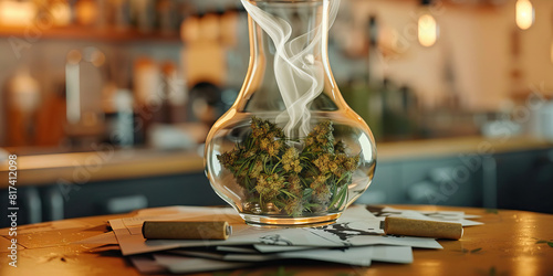 A bong filled with cannabis sits atop a collection of rolling papers, inviting users to enjoy its soothing, hazy smoke photo