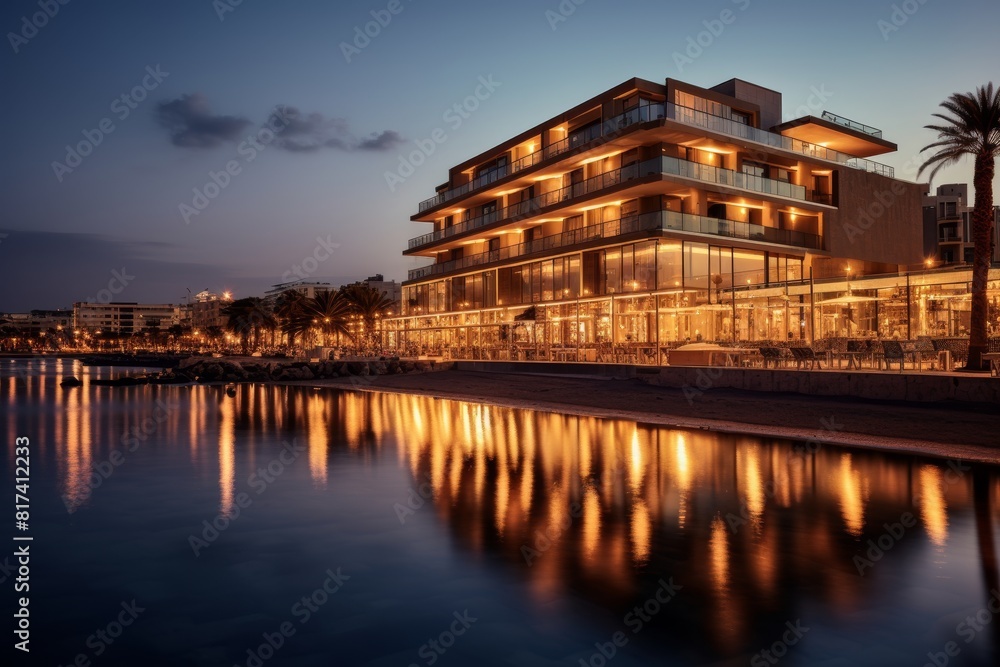 Naklejka premium Luxurious Seaside Hotel Bathed in the Warm Glow of a Setting Sun