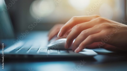 Tech-savvy consumer: hands clicking on a computer mouse to explore and buy products online.