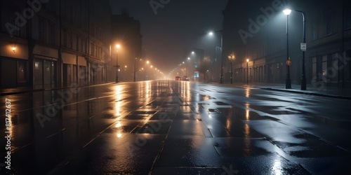 A wet, empty city street at night with street lamps illuminating the scene, creating reflections on the wet pavement