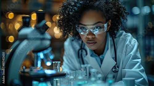 Portrait of a medical researcher working on groundbreaking innovations, with a lab setting and modern medical tools