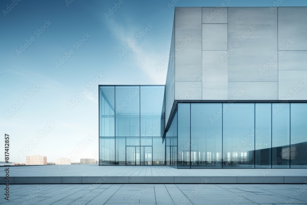 Fototapeta premium Urban minimalist architecture featuring a block structure building with striking corner windows