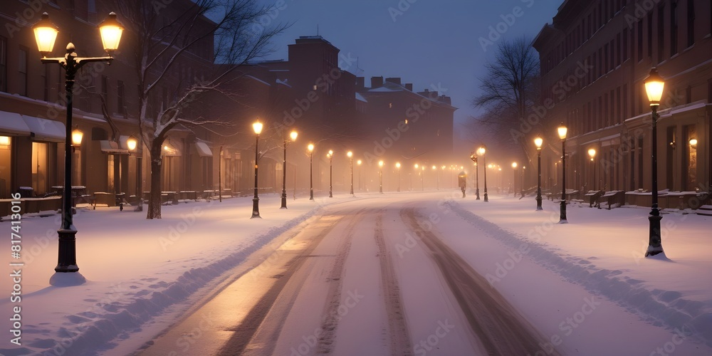 A snowy, deserted city street at dusk with streetlights casting a warm glow