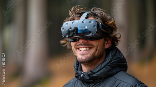 Portrait of happy man wearing virtual reality glasses isolated on background with copy space © Rantau