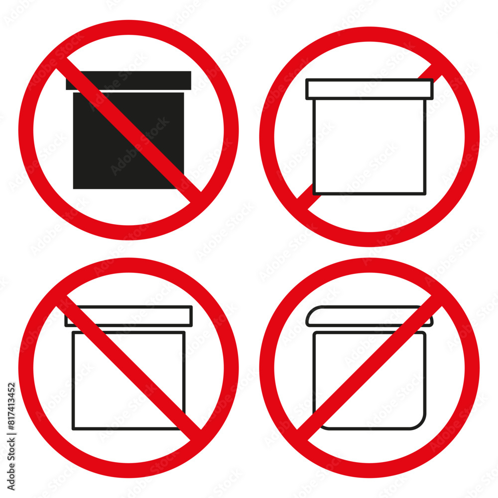 No Containers Sign Set. Forbidden Bin Icons. Disposal Ban Vector Symbols. Waste Prohibition Signs. No Containers Sign Set. Forbidden Bin Icons. Disposal Ban Vector Symbols. Waste Prohibition Signs.